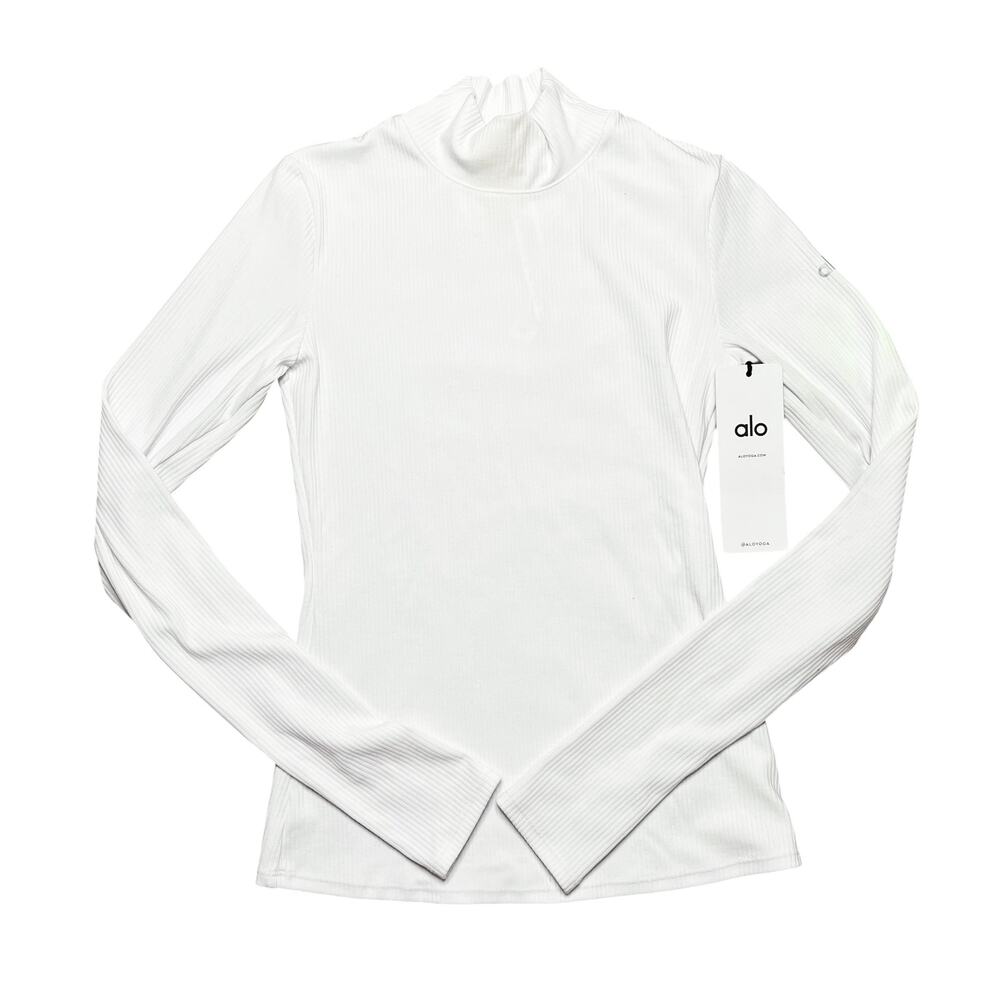 ALO Yoga White Ribbed Wellness Mock-Neck Long Sleeve Top Size Small